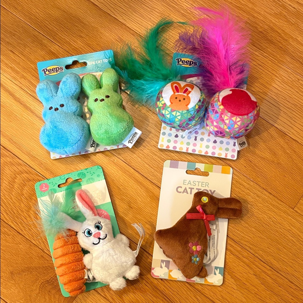 PEEPS Cat Toys Plush bunnies & Jingle Balls. Brown bunny & bunny w/carrot.